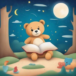 Create a bedtime story book cover featuring teddy bears, moons, stars, an hourglass, spaceships, forests, sandy drifts, and children sleeping