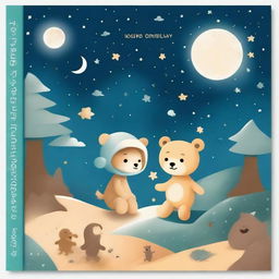 Create a bedtime story book cover featuring teddy bears, moons, stars, an hourglass, spaceships, forests, sandy drifts, and children sleeping