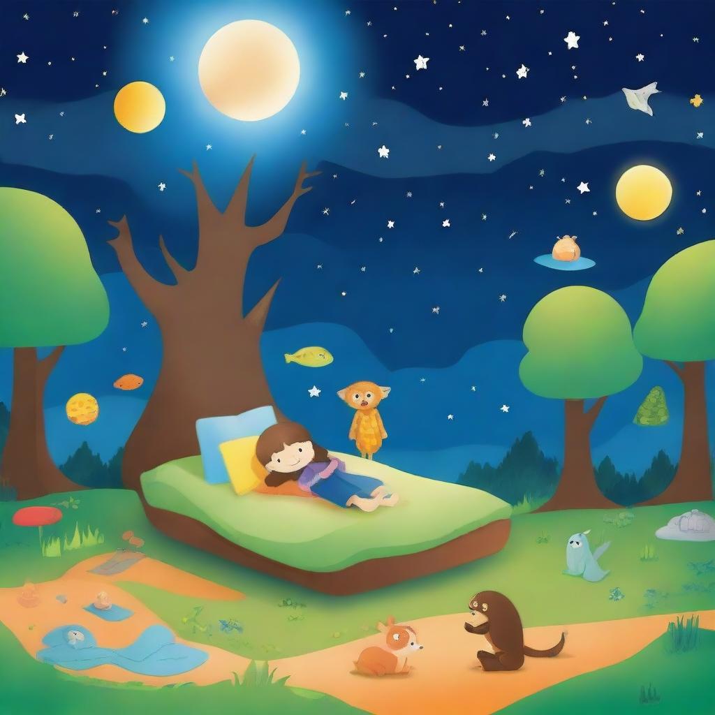 Create a bedtime story book cover featuring animals, creatures, aliens, unknown creatures, the moon, stars, an hourglass, spaceships, forests, sandy drifts, and children sleeping