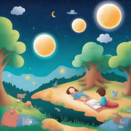 Create a bedtime story book cover featuring animals, creatures, aliens, unknown creatures, the moon, stars, an hourglass, spaceships, forests, sandy drifts, and children sleeping