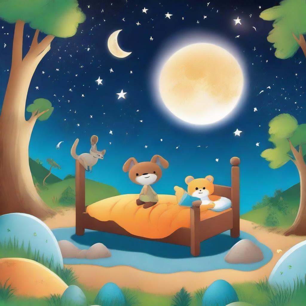 Create a bedtime story book cover featuring animals, creatures, aliens, unknown creatures, the moon, stars, an hourglass, spaceships, forests, sandy drifts, and children sleeping