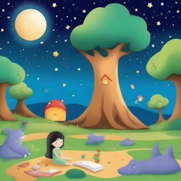 Create a bedtime story book cover featuring animals, creatures, aliens, unknown creatures, the moon, stars, an hourglass, spaceships, forests, sandy drifts, and children sleeping