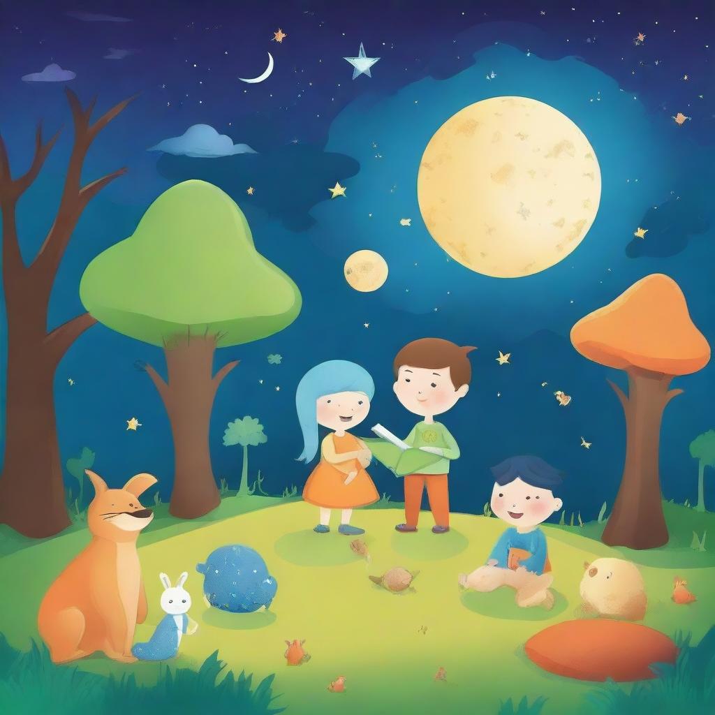 Create a bedtime story book cover featuring animals, creatures, aliens, unknown creatures, the moon, stars, an hourglass, spaceships, forests, sandy drifts, and children sleeping