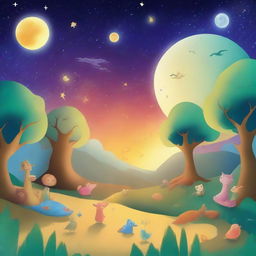 Create a bedtime story book cover featuring animals, creatures, aliens, unknown creatures, the moon, stars, an hourglass, spaceships, forests, sandy drifts, and children sleeping