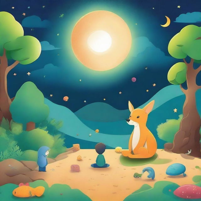 Create a bedtime story book cover featuring animals, creatures, aliens, unknown creatures, the moon, stars, an hourglass, spaceships, forests, sandy drifts, and children sleeping