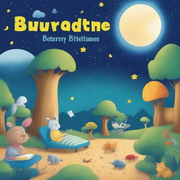 Create a bedtime story book cover featuring animals, creatures, aliens, unknown creatures, the moon, stars, an hourglass, spaceships, forests, sandy drifts, and children sleeping