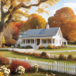 A picturesque white two-story farmhouse with a wraparound porch adorned with an abundance of flowers