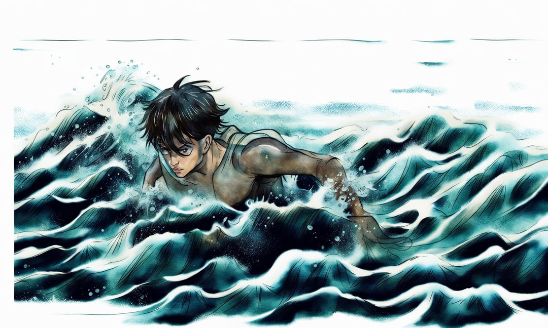 A watercolour storyboard's twenty-fifth act featuring Jake, an exceptional swimmer, gliding through the choppy water with ease.