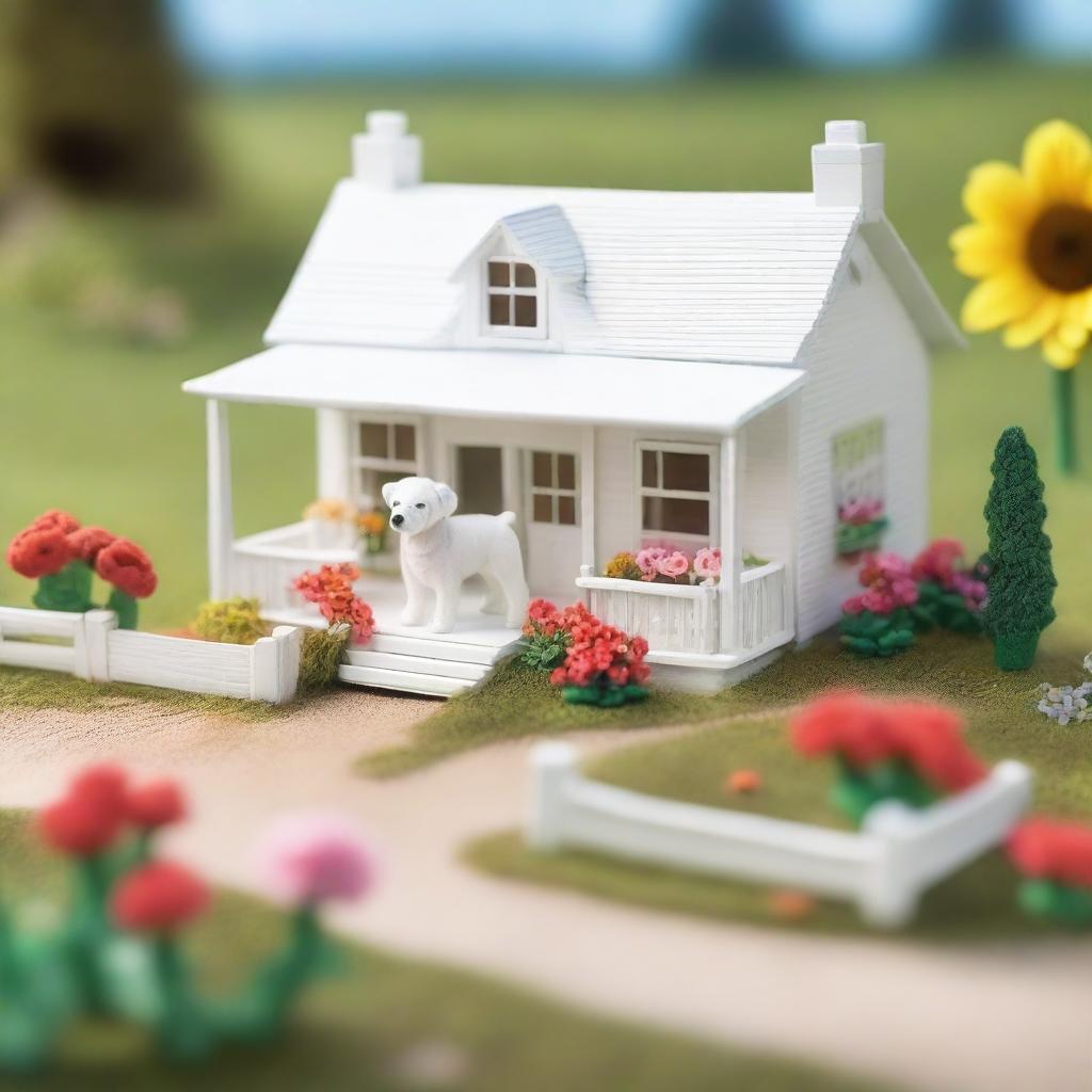 A toy white farmhouse with a wrap-around porch, surrounded by lots of colorful flowers