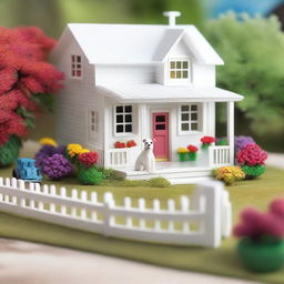 A toy white farmhouse with a wrap-around porch, surrounded by lots of colorful flowers