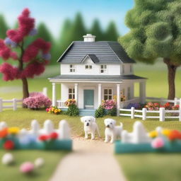 A toy white farmhouse with a wrap-around porch, surrounded by lots of colorful flowers