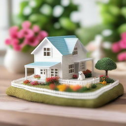 A toy white farmhouse with a wrap-around porch, surrounded by lots of colorful flowers