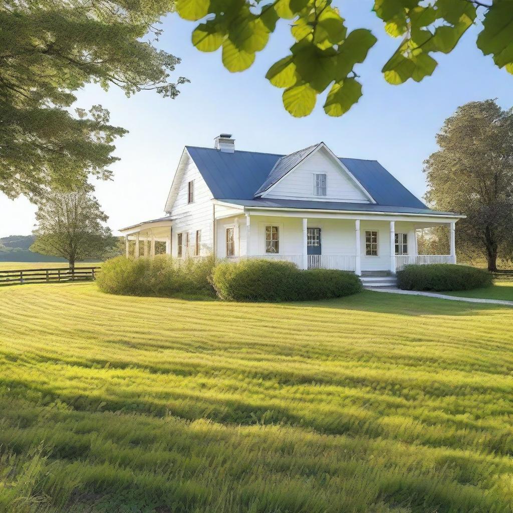 A picturesque white farmhouse situated in a serene countryside setting