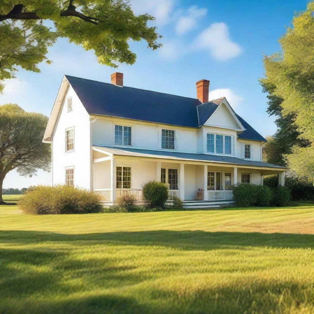 A picturesque white farmhouse situated in a serene countryside setting