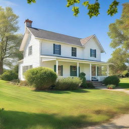 A picturesque white farmhouse situated in a serene countryside setting