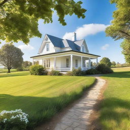 A picturesque white farmhouse situated in a serene countryside setting