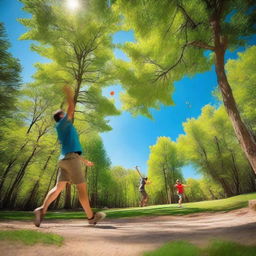 A vibrant and dynamic scene of a disc golf course on a sunny day