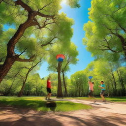 A vibrant and dynamic scene of a disc golf course on a sunny day