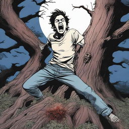 A realistic depiction of a terrified young man tied with vines to the top of a gigantic tree stump altar