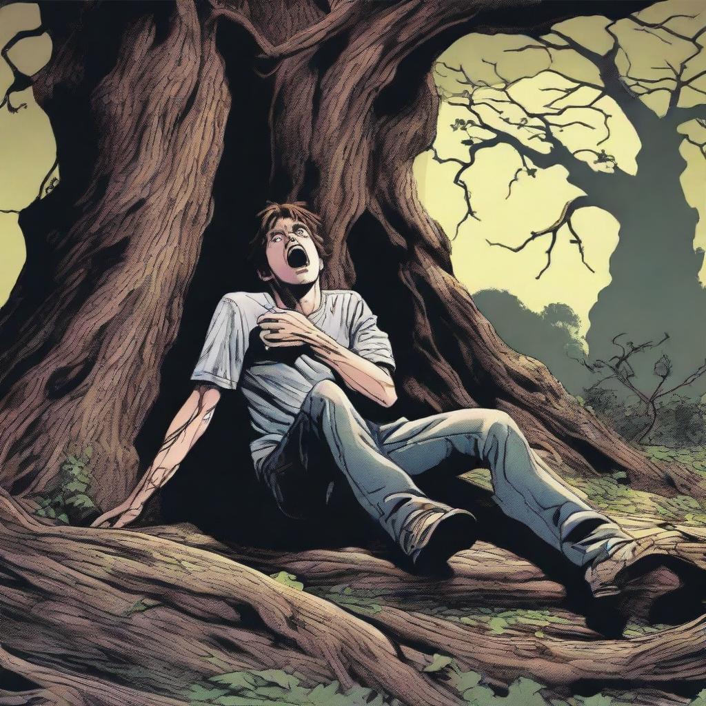 An extremely realistic depiction of a terrified young man tied with vines to the top of a gigantic tree stump altar