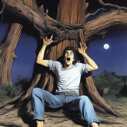 An extremely realistic depiction of a terrified young man tied with vines to the top of a gigantic tree stump altar