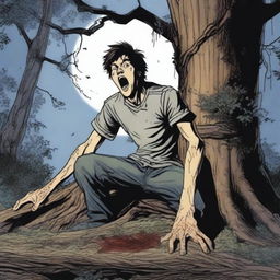 An extremely realistic depiction of a terrified young man tied with vines to the top of a gigantic tree stump altar