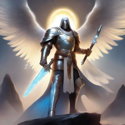 A majestic D&D paladin Aasimar standing valiantly with a glowing sword and shield