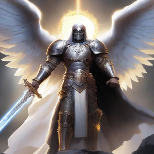 A majestic D&D paladin Aasimar standing valiantly with a glowing sword and shield