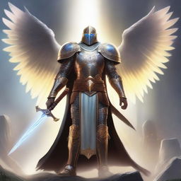 A majestic D&D paladin Aasimar standing valiantly with a glowing sword and shield