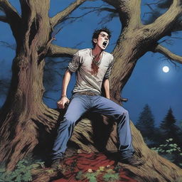 A highly realistic depiction of a terrified young man tied with vines to the top of a gigantic tree stump altar