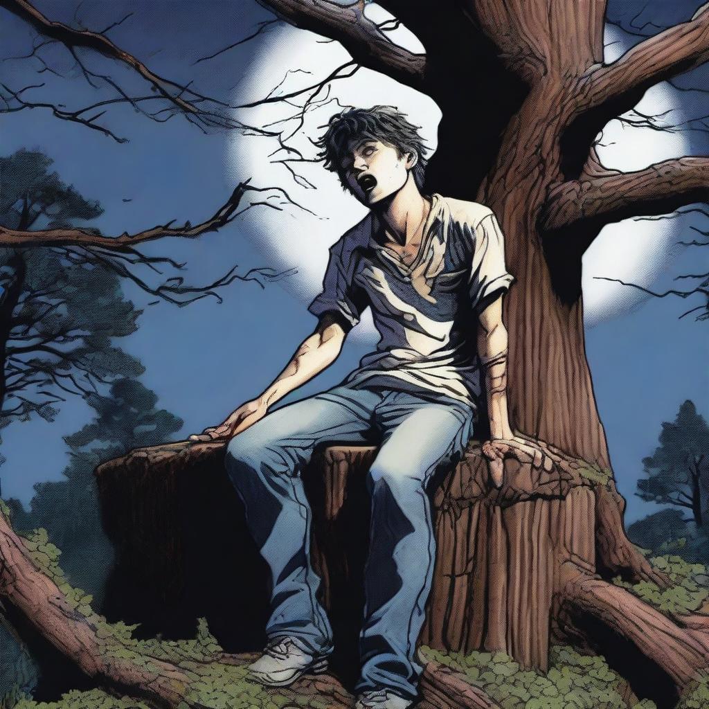 A highly realistic depiction of a terrified young man tied with vines to the top of a gigantic tree stump altar