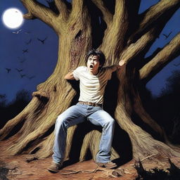 A terrified young man is tied by vines to the top of a gigantic tree stump altar