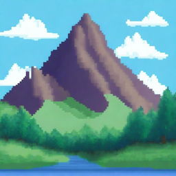 A 2D pixel art landscape of a mountain with a small forest