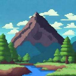 A 2D pixel art landscape of a mountain with a small forest