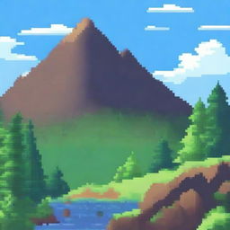 A 2D pixel art landscape of a mountain with a small forest