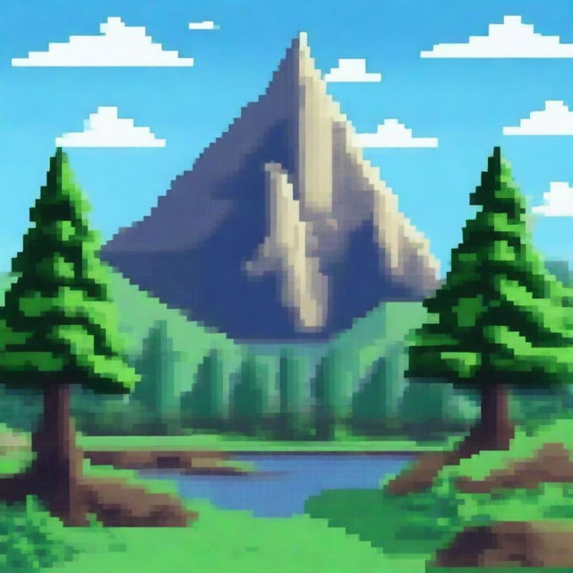 A 2D pixel art landscape of a mountain with a small forest