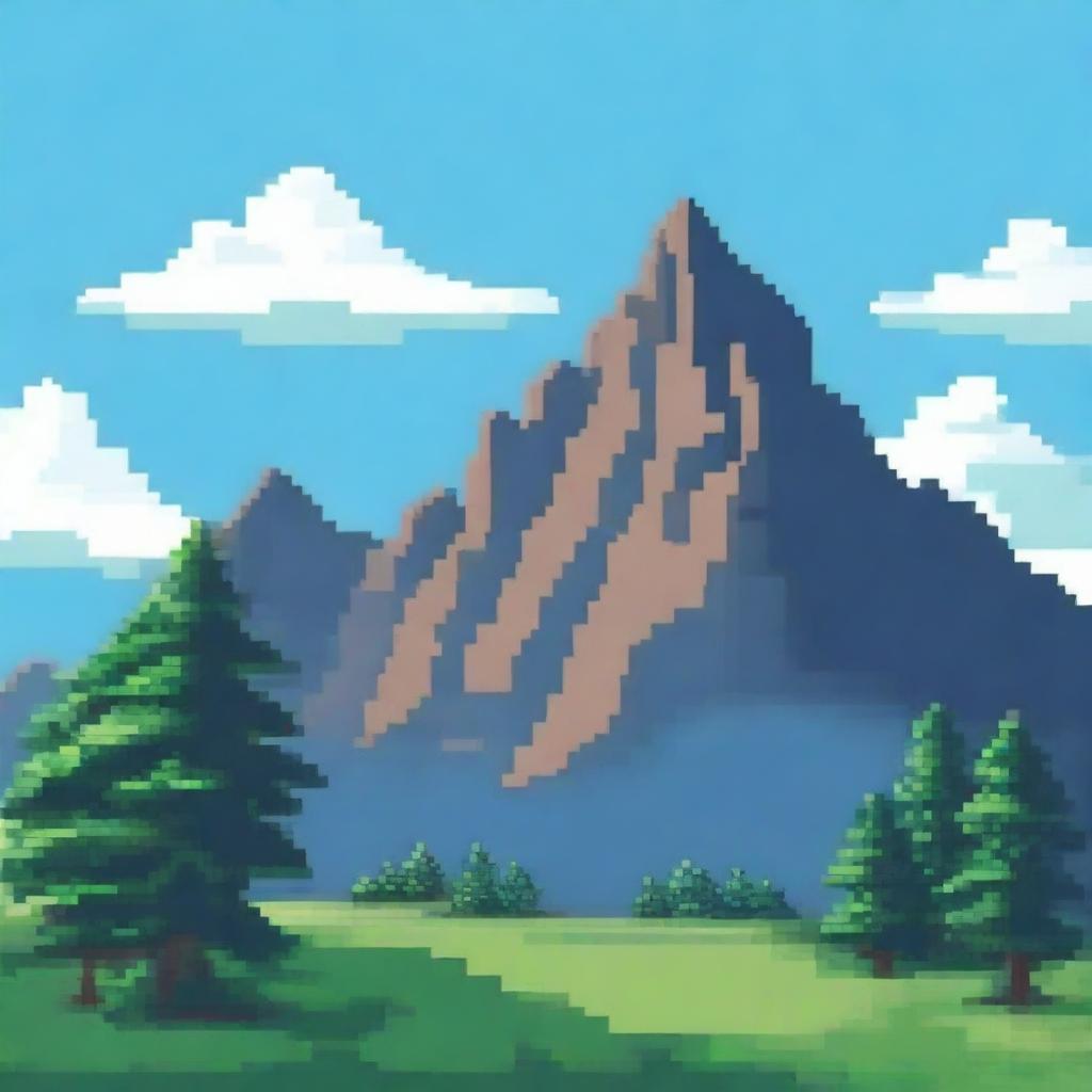 A 2D pixel art landscape of a mountain with a small forest