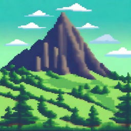 A 2D pixel art landscape of a mountain with a small forest