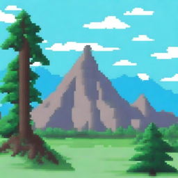 A 2D pixel art landscape of a mountain with a small forest