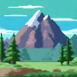 A 2D pixel art landscape of a mountain with a small forest