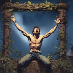 A terrified young man is tied by vines to the top of a gigantic altar