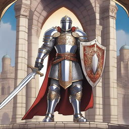 A majestic D&D paladin standing tall with a gleaming sword and shield