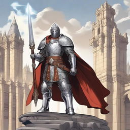 A majestic D&D paladin standing tall with a gleaming sword and shield