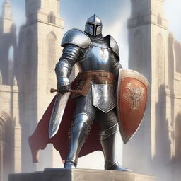 A majestic D&D paladin standing tall with a gleaming sword and shield