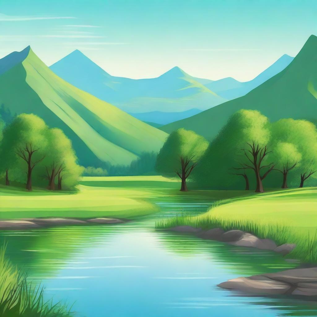 A serene and peaceful landscape with lush green hills, a clear blue sky, and a gentle river flowing through