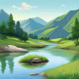 A serene and peaceful landscape with lush green hills, a clear blue sky, and a gentle river flowing through