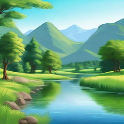 A serene and peaceful landscape with lush green hills, a clear blue sky, and a gentle river flowing through