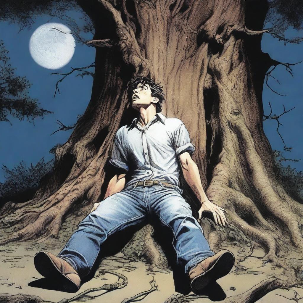 An extremely realistic close-up of a terrified young man tied by vines to the top of a gigantic tree stump used as an altar