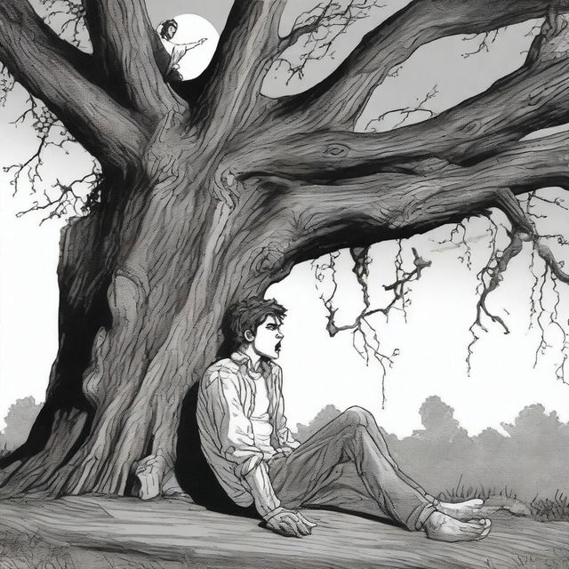 An extremely realistic close-up of a terrified young man tied by vines to the top of a gigantic tree stump used as an altar