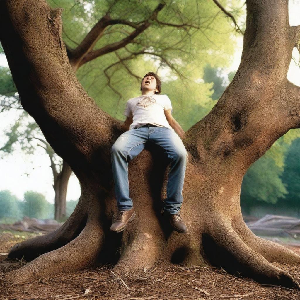 An extremely realistic scene of an attractive young man lying flat on his back across the top of an altar made from a giant tree stump